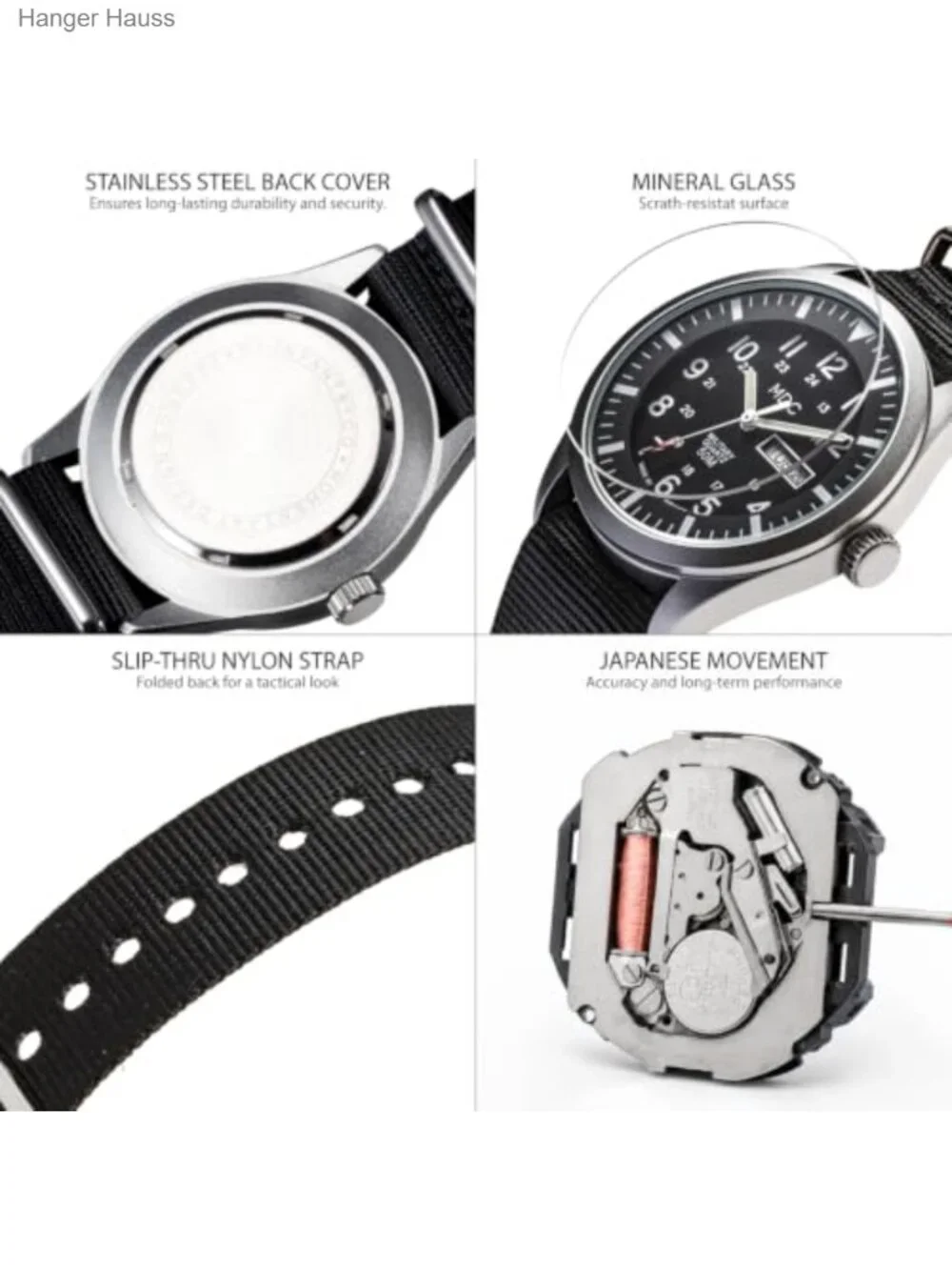 Men's Military Field Watch, 12/24H Day Date, Waterproof Nylon Strap